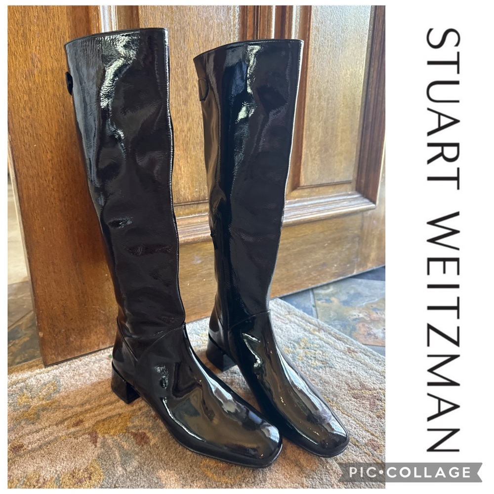 🦋Stuart Weitzman Patent Black Leather Low Block Heel Riding Boots🦋
